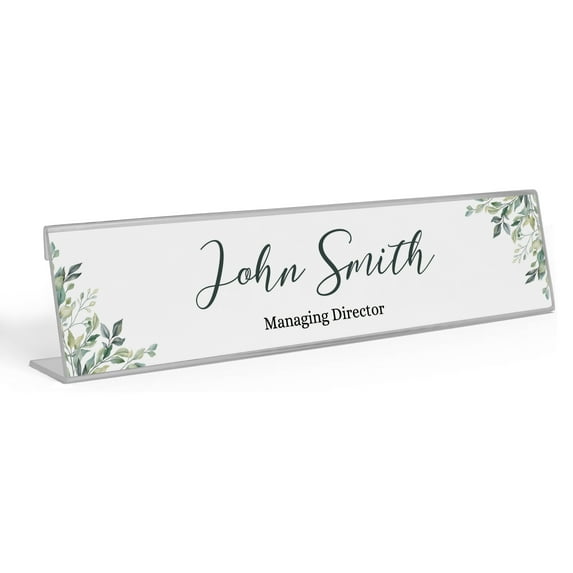 Printtoo Personalized Desk Name Plate Pretty Greenery Prints Custom Acrylic Office Desk Name Plate Accessory 2x8 Inches