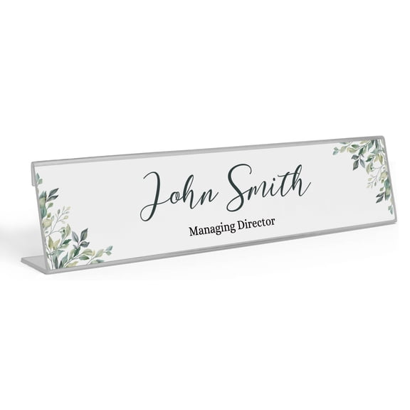 Printtoo Personalized Desk Name Plate Pretty Greenery Prints Custom Acrylic Office Desk Name Plate Accessory 2x8 Inches
