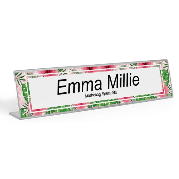 Printtoo Personalized Desk Name Plate Pretty Tropical Flower Custom Acrylic Office Desk Name Plate Accessory 2x8 Inches