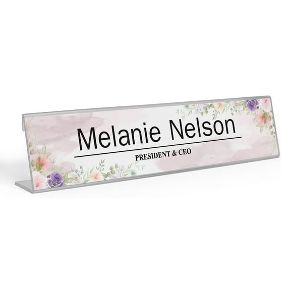Printtoo Personalized Desk Name Plate Pretty Water Colour Flower Custom Acrylic Office Desk Name Plate Accessory 2x8 Inches