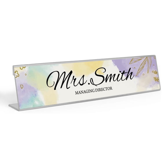 Printtoo Personalized Desk Name Plate Pretty Watercolor Leaves Custom Acrylic Office Desk Name Plate Accessory 2x10 Inches