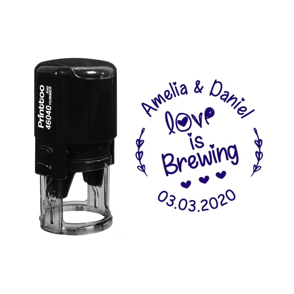 Printtoo Personalized Round Violet Self Inking Wedding Favor Stamp Custom Love Is Brewing Heavy Duty Rubber Stamper-40 mm