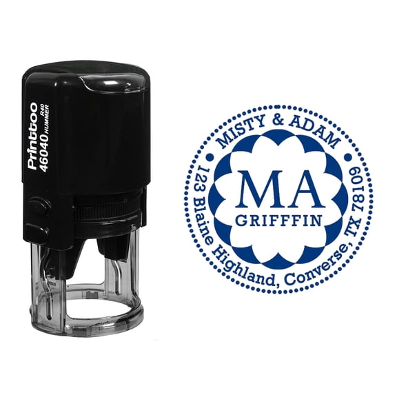 Printtoo Round Custom Address Return Self Inking Rubber Stamp Personalized Initial Monogram Stamper-Blue