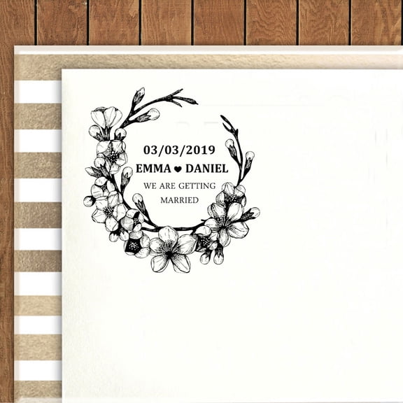 Printtoo Round Custom Save The Date Self Inking Rubber Stamp Floral Wreath Personalized Stamper Gift