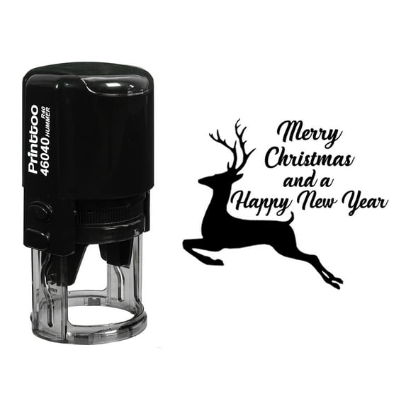 Printtoo Round Self Inking Merry Christmas And Happy New Year Rubber Stamp Reindeer Holiday Stamper-Black