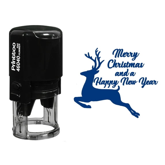 Printtoo Round Self Inking Merry Christmas And Happy New Year Rubber Stamp Reindeer Holiday Stamper-Blue