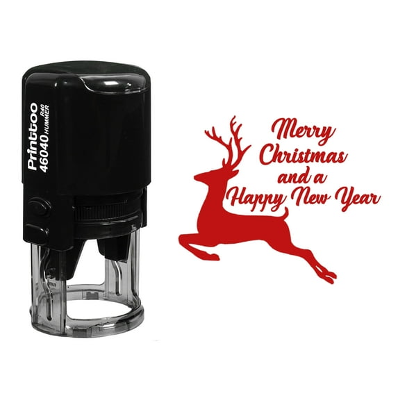 Printtoo Round Self Inking Merry Christmas And Happy New Year Rubber Stamp Reindeer Holiday Stamper-Red