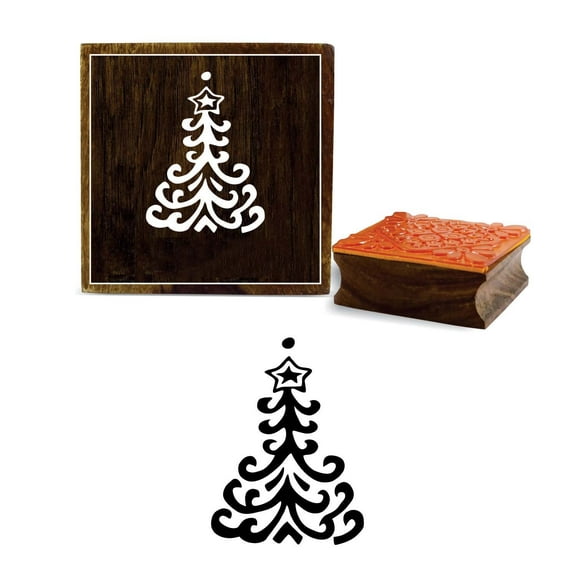 Printtoo Scrapbook Print Swirly Christmas Tree With Star Square Wooden Rubber Stamp-2 x 2 Inches