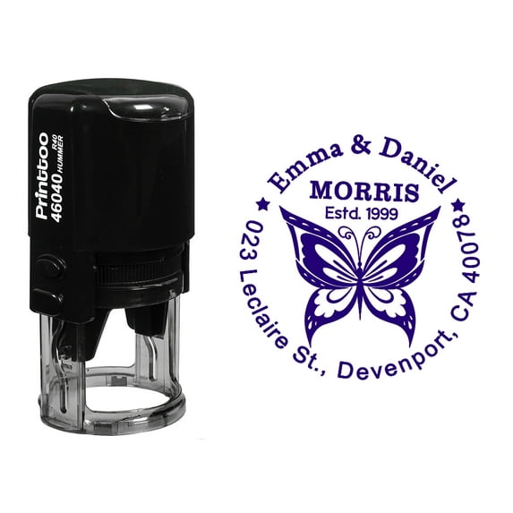 Printtoo Self Inking Custom Round Butterfly Design Address Return Rubber Stamp Personalized Stamper-Violet