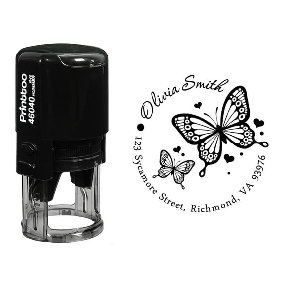 Printtoo Self Inking Custom Round Butterfly & Heart Design Address Rubber Stamp Personalized Stamper-Black