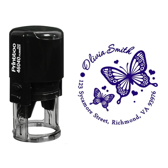 Printtoo Self Inking Custom Round Butterfly & Heart Design Address Rubber Stamp Personalized Stamper-Violet