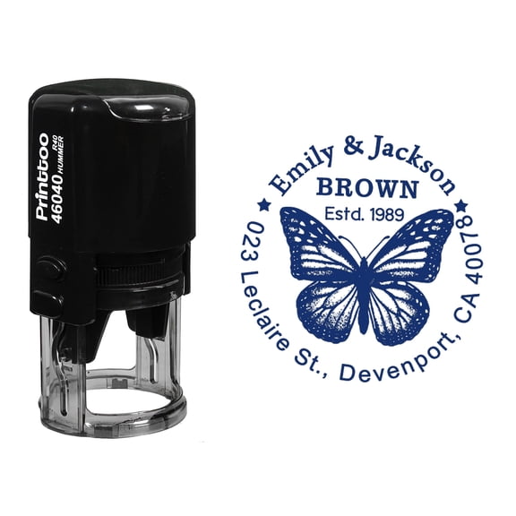 Printtoo Self Inking Custom Round Return Address Rubber Stamp Butterfly Monogram Personalized Stamper-Blue