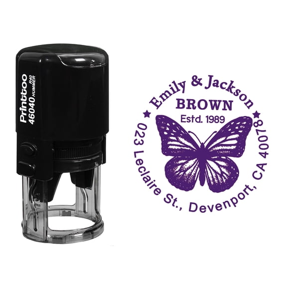 Printtoo Self Inking Custom Round Return Address Rubber Stamp Butterfly Monogram Personalized Stamper-Violet