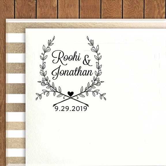 Printtoo Self Inking Round Custom Save The Date Rubber Stamp Laurel Wreath Personalized Wedding Stamper