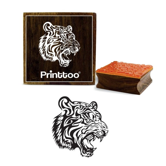 Printtoo Square Tiger Head Pattern Wooden Rubber Stamp Craft Textile DIY Stamps-5 x 5 Inches