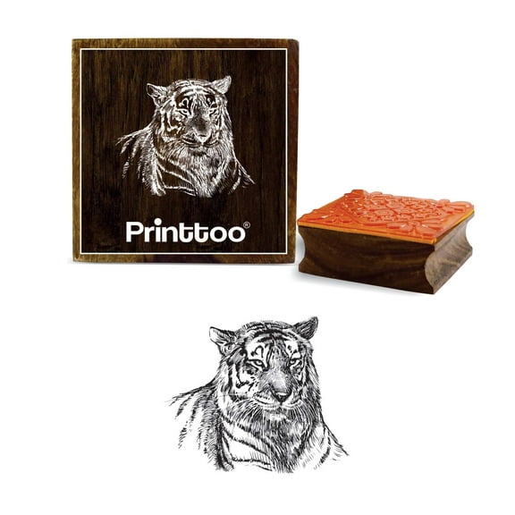 Printtoo Tiger Face Pattern Square Wooden Rubber Stamp Crafting Textile Stamps-5 x 5 Inches