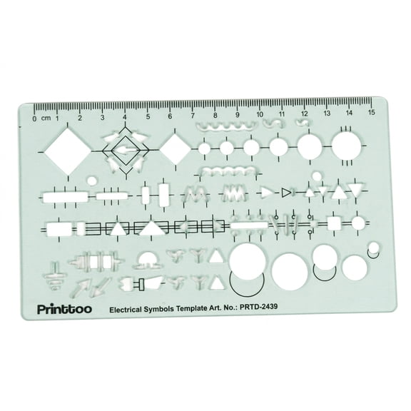 Printtoo Transparent 2mm Electrical Symbols Template for Schematic Drawing and Circuit Drafting, Measuring Ruler with Standard Engineering Signs, Component Layout Shapes and Diagram Guides