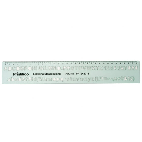 Printtoo Transparent Alphabet Stencil Ruler, 2mm Thick Green Transparent Acrylic Lettering Template (9mm Letters) | Reusable Upper/Lowercase, Numbers & Symbols for Kids Learning, Drawing & DIY Craft
