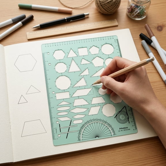 Printtoo Transparent Multi-Shape Geometric Template Ruler, 2mm Green Acrylic Stencil to Draw 2D Shapes & Measure Angles, Includes Ruler & Number Line, Drafting Tool for Students & Engineers