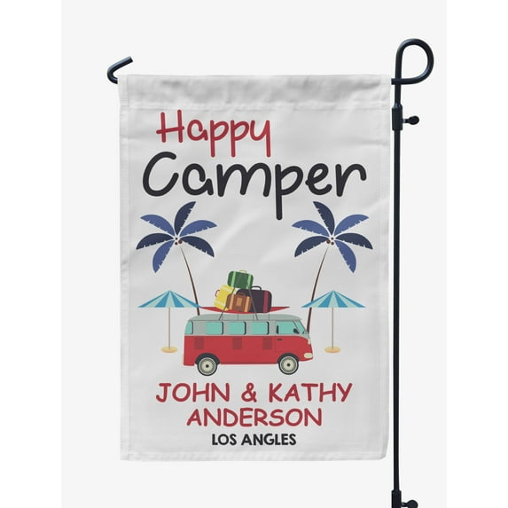 Printtoo White Happy Camper Caravans Personalized Camping Flags For Campers Double Sided CampsiteFlagOutdoor GardenFlags