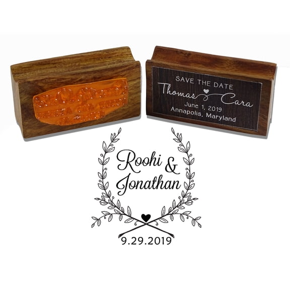 Printtoo Wood Mounted Round Custom Save The Date Rubber Stamp Laurel Wreath Personalized Wedding Stamper