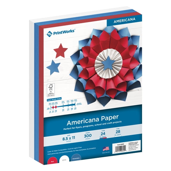 Printworks Americana Paper, Assorted Colors (Red, White & Blue), 8.5 x 11, 300 Sheets