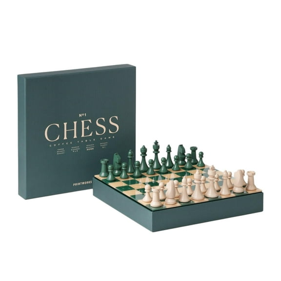 Printworks Classic Chess Green Wooden Chess Set with Acrylic Board Stylish Coffee Table Game for Adults &Families Multilingual Instructions Included