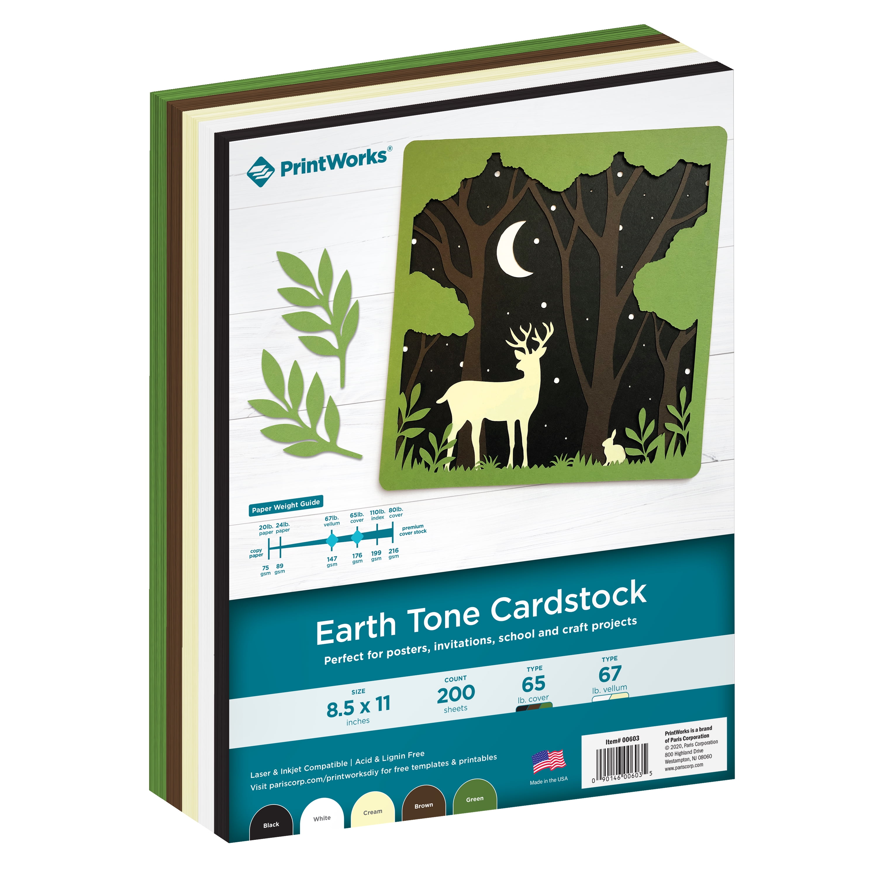 Printworks Earth Tone Cardstock, Assorted Colors, 8.5 x 11, 200 Sheets