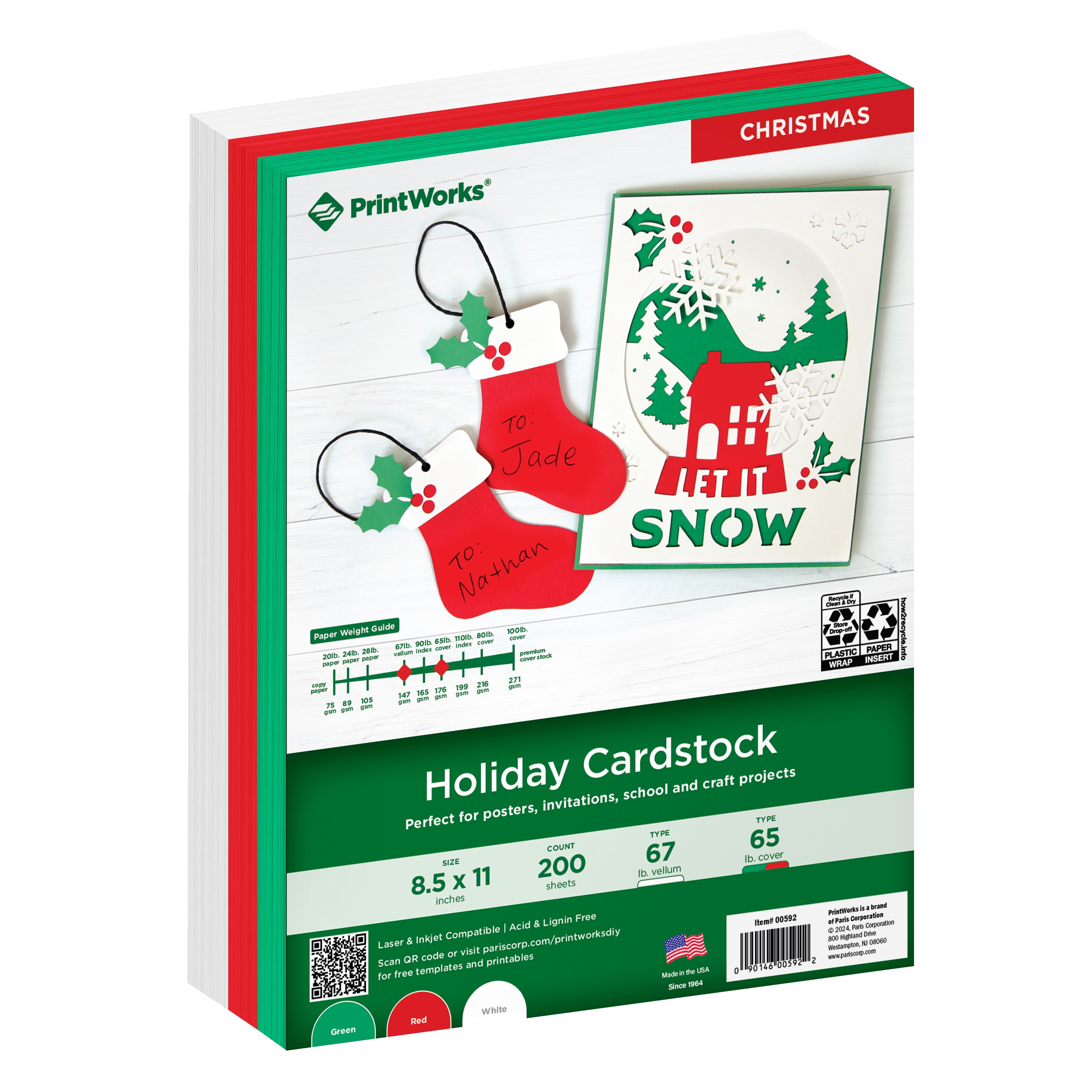 Printworks Holiday Cardstock, Red, White & Green, 8.5 x 11, 200 Sheets
