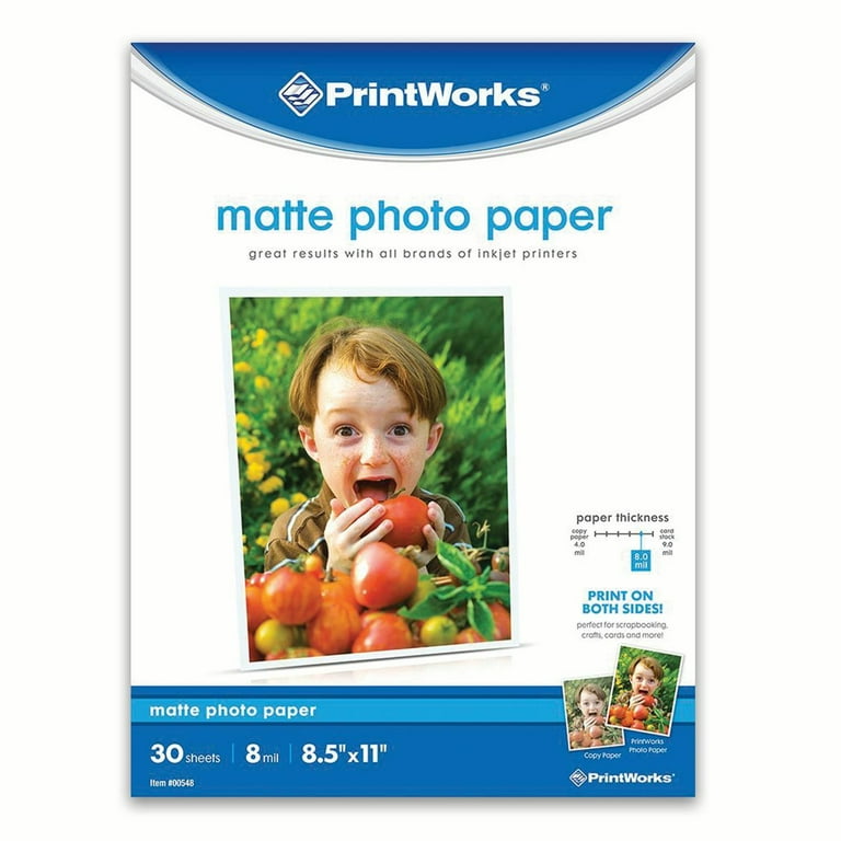 Printworks Matte Photo Paper for Inkjet Printers, Printable on Both Sides,  8 mil, 30 Sheets, 8.5” x 11” (00548), White