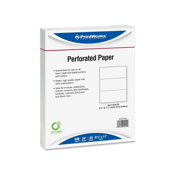 Printworks, PRB04122, Pre-Perforated Paper for Invoices, Statements, Gift Certificates, 500 / Ream, White