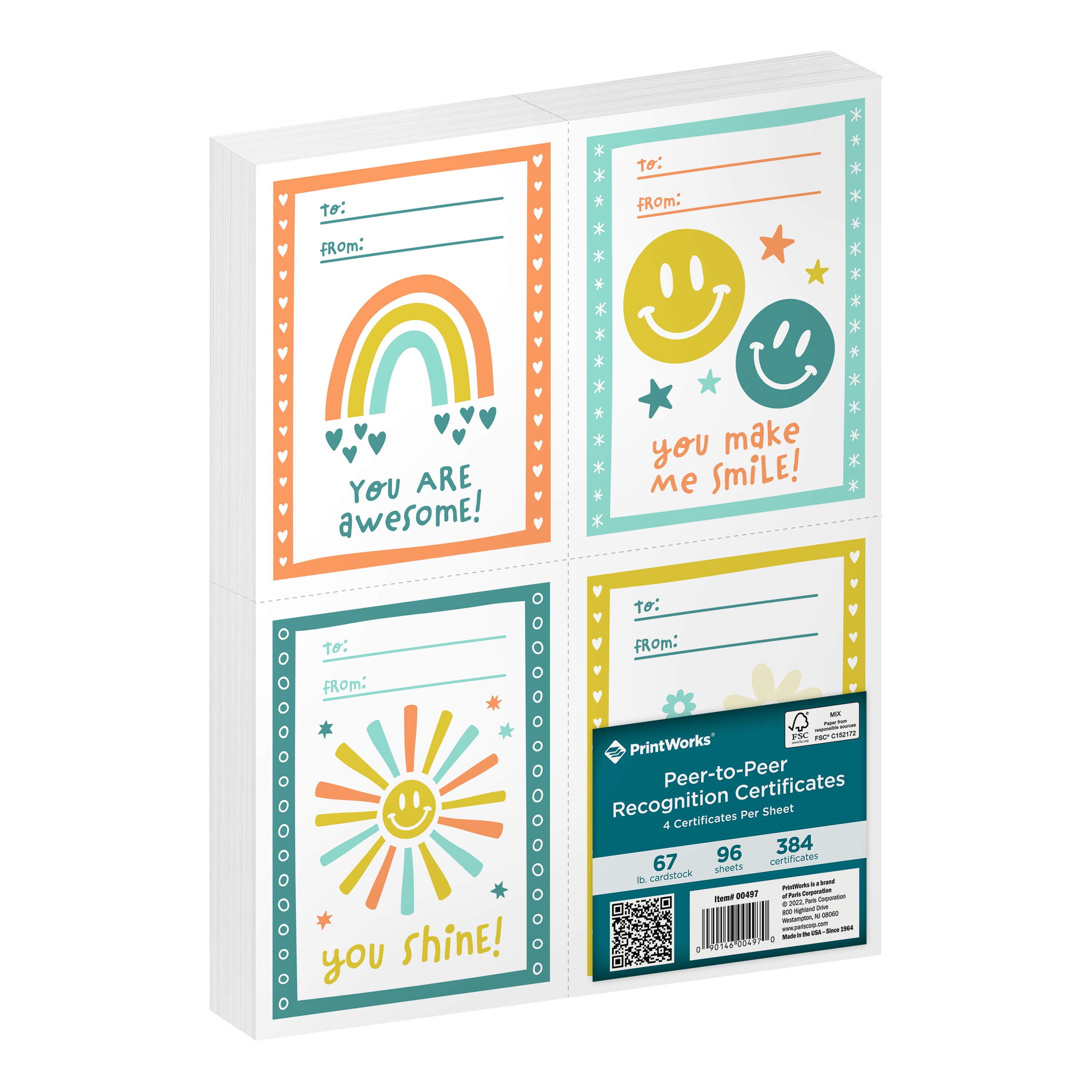 PrintWorks Multicolor Peer Recognition Cards, 8.5 x 11, 67lb, 384 Cards, 96 Sheets, Unisex, New