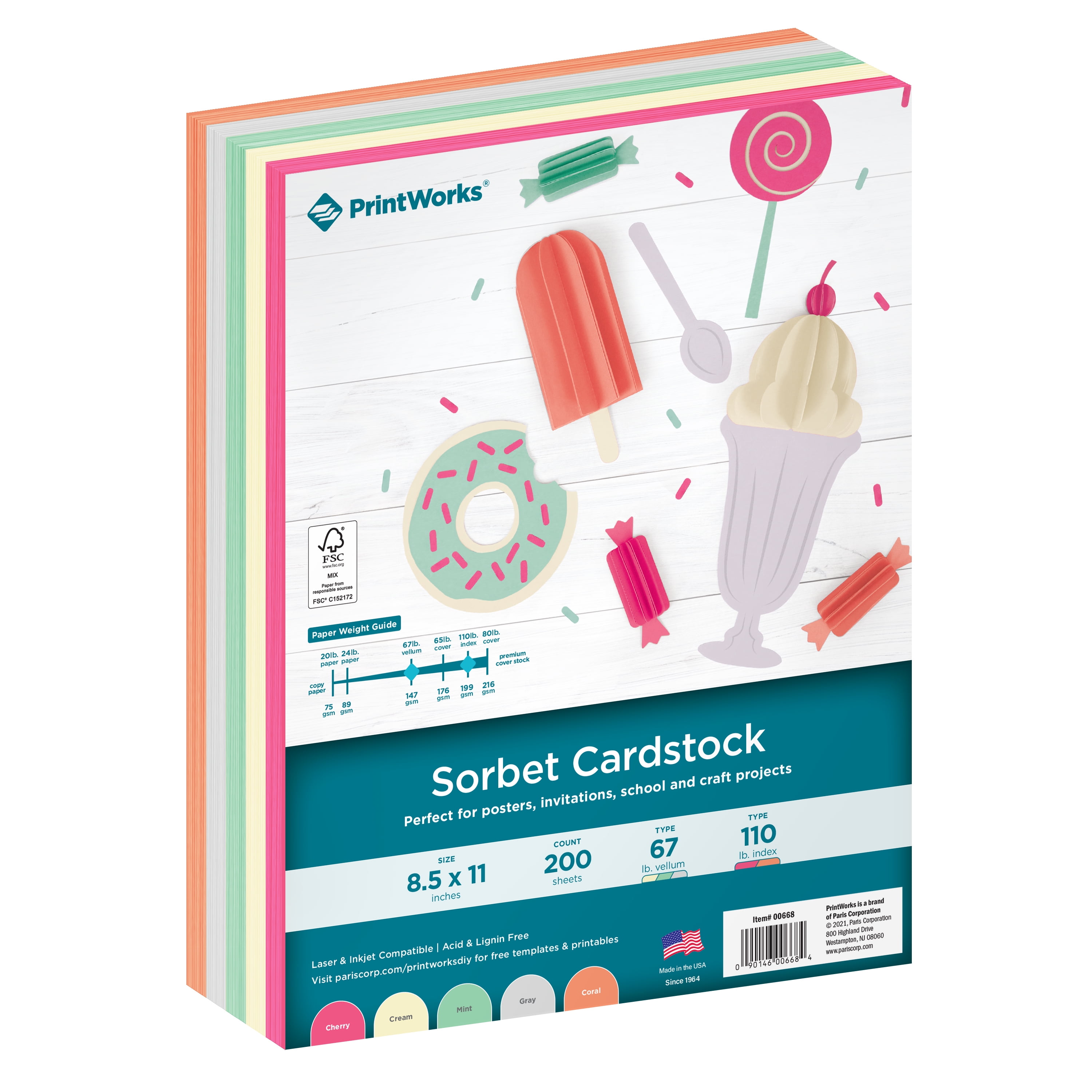 Printworks Sorbet Cardstock, Assorted Colors, 8.5 x 11, 200 Sheets