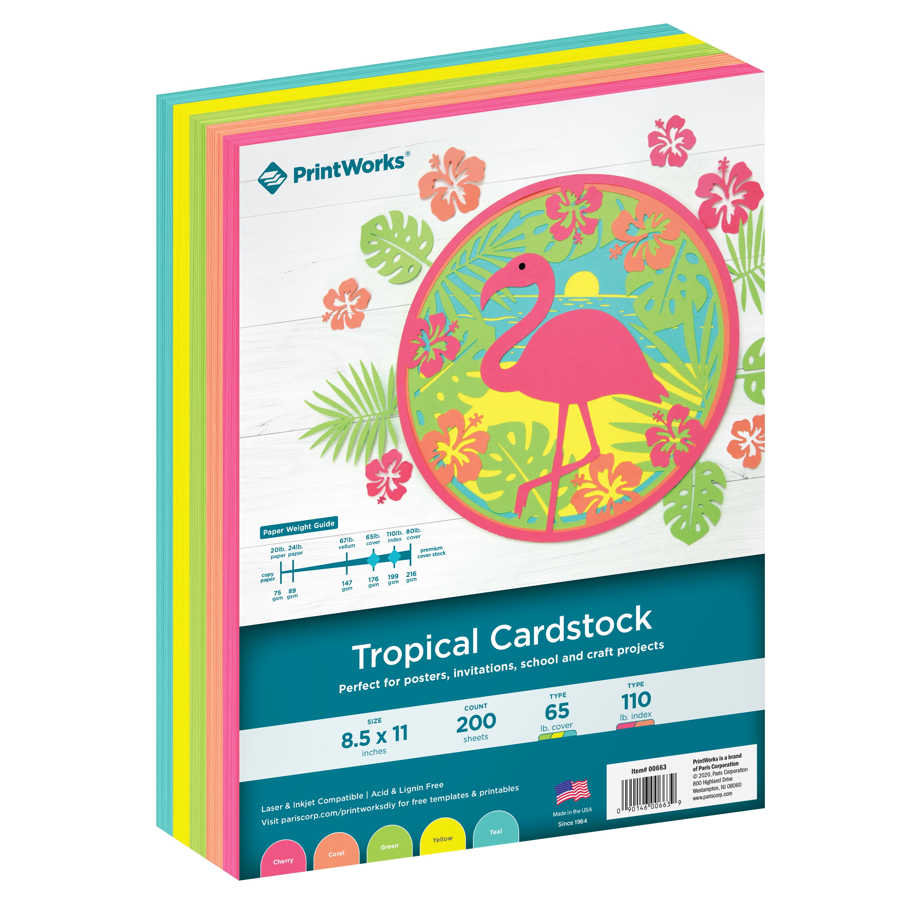 Printworks Tropical Cardstock, Assorted Colors, 8.5 x 11, 200 Sheets