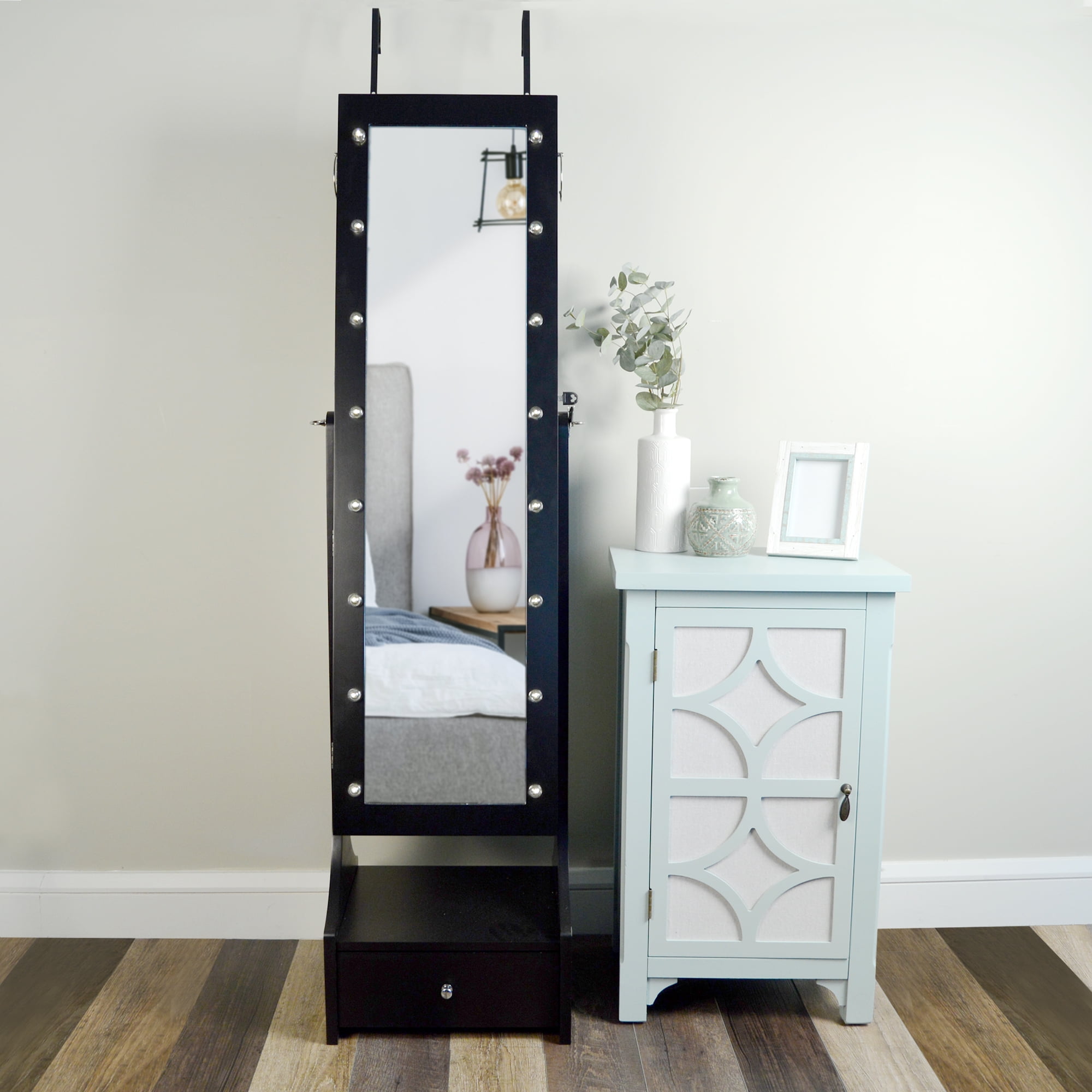 Prinz 60” Jewelry Organizer Armoire with Full-Length Lighted Mirror, Makeup Storage and Hooks, Black
