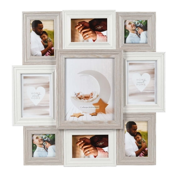 Prinz 9-Opening Multi-Sized Wall Collage Picture Frame, Rustic White-Grey