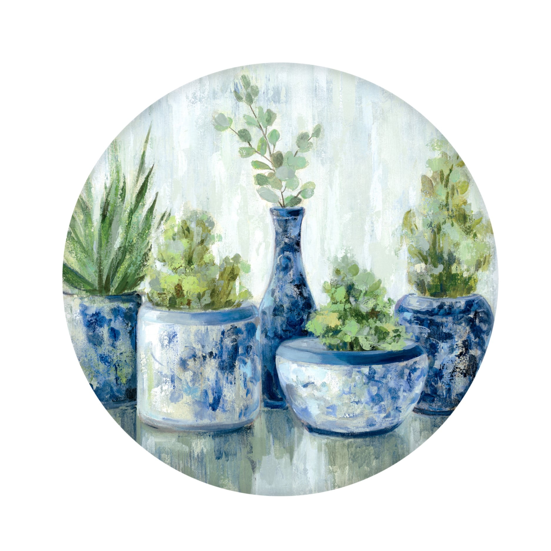 Blue and Green Chinoiserie Potted Plants Round Canvas Wall Art
