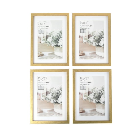 Prinz Dakota 5x7' Gold Linear Picture Frame, Set of 4, Matted to 4x6' Photo Frames for Wall or Tabletop
