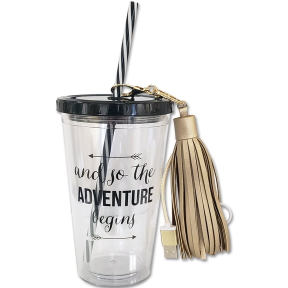 Prinz Graduation Gift Set 16 oz. Plastic Cold Cup and Gold Tassel Phone Charger, Boxed Gift Set