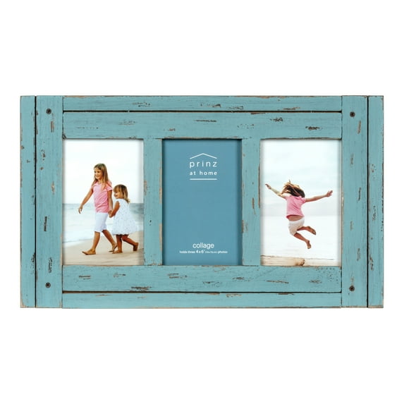 Prinz Homestead Collage Picture Frame for Three 4x6" Photos, Wall or Tabletop, Distressed Blue