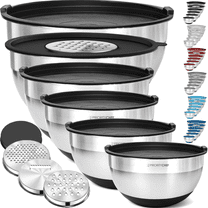 Priority Chef 6-PC Stainless Steel Mixing Bowls with Lids Set, 3 Grater Attachments, Black