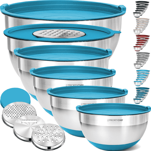 Priority Chef 6-PC Stainless Steel Mixing Bowls with Lids Set, 3 Grater Attachments, Turquiouse