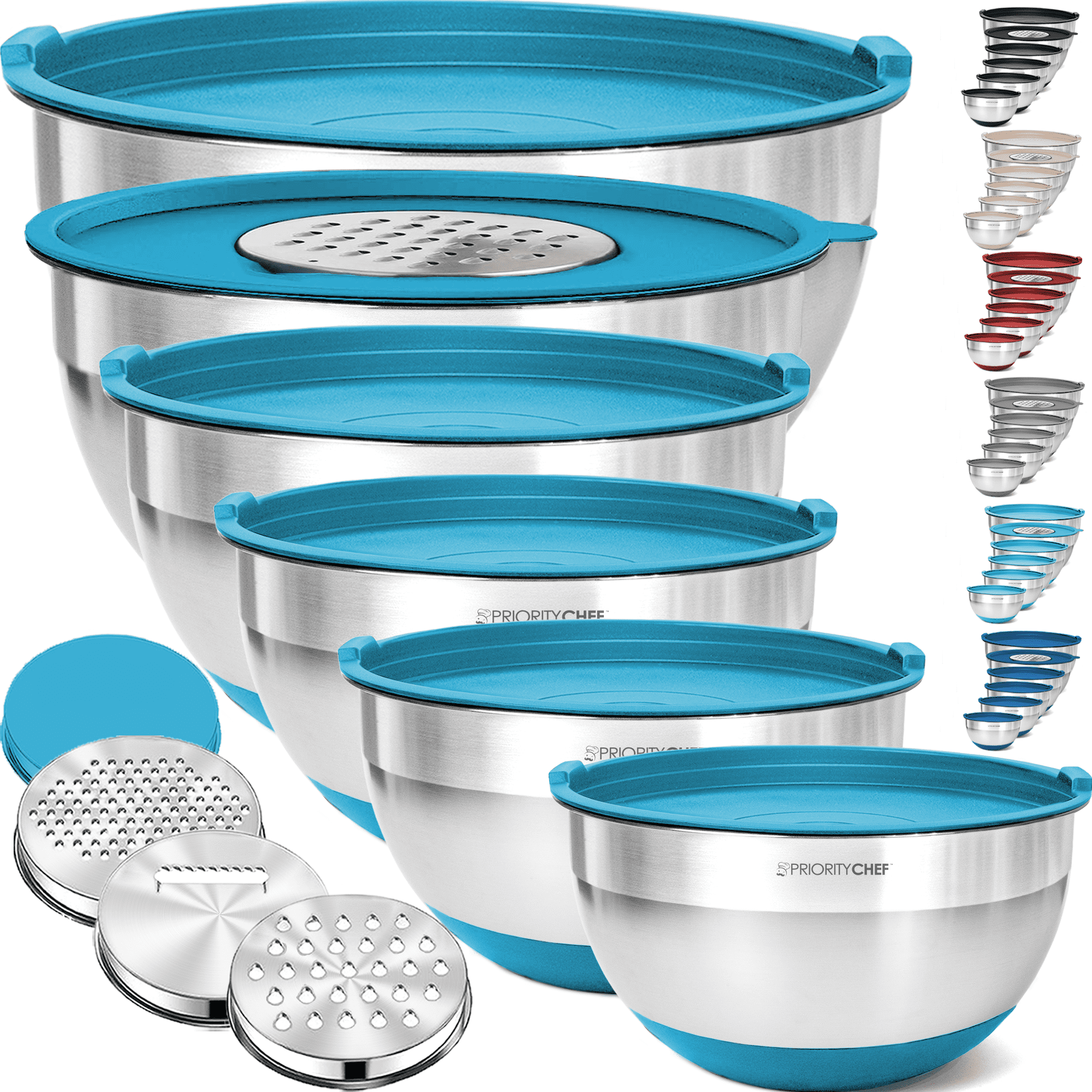 TeamFar 4.6QT Mixing Bowl Set With Colander & Grater Attachments - Non-Slip Bottom, Stainless Steel, Navy Blue
