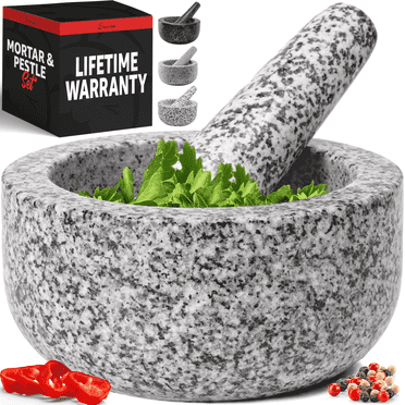 Priority Chef Heavy Duty Small Mortar and Pestle Set, Hand Carved Natural Granite, 1.5 Cup, White