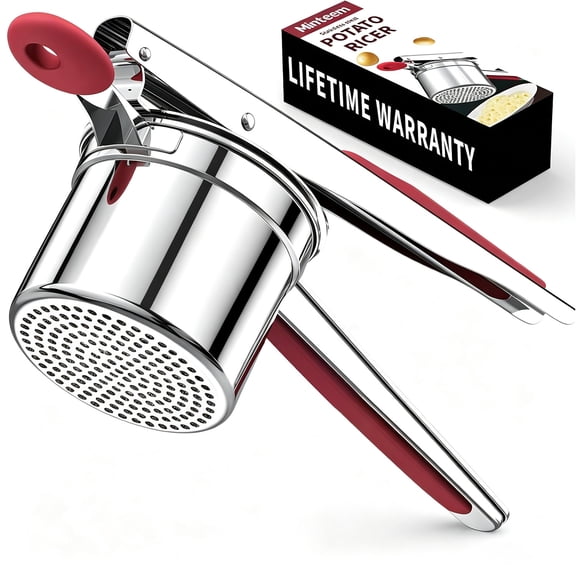 MINTEEM 15oz Heavy Duty Stainless Steel Potato Ricer with Non-Slip Red Handles, Press and Mash