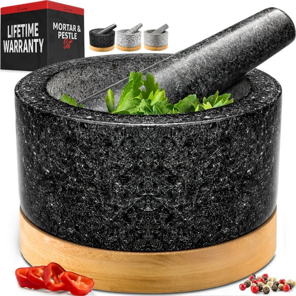 Priority Chef Mortar and Pestle Set with Bamboo Base, Polished Natural Granite, 2 Cups, Black