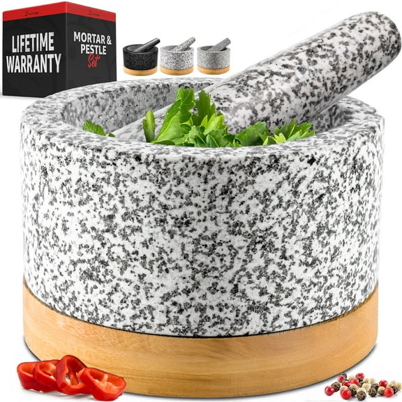 Priority Chef Mortar and Pestle Set with Bamboo Base, Polished Natural Granite Large 2 Cups, White