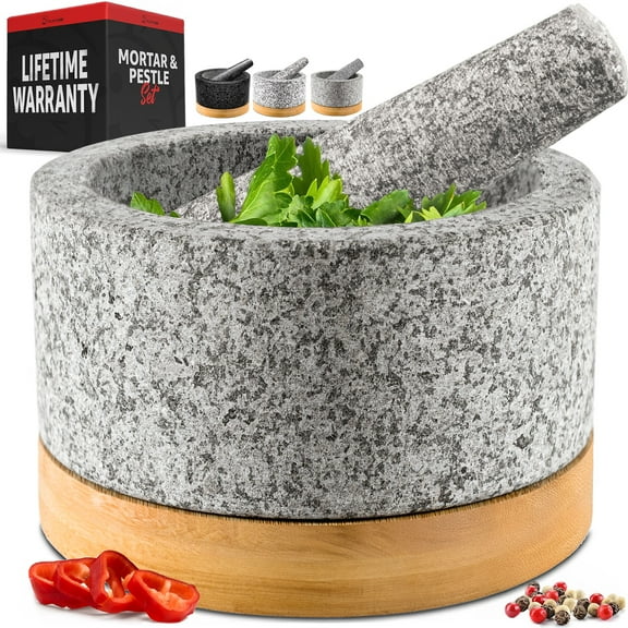 Priority Chef Mortar and Pestle Set with Bamboo Base, Unpolished Natural Granite, 2 Cups Grey