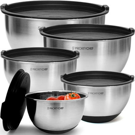 Priority Chef Premium Mixing Bowls with Airtight Lids Set, Stainless Steel Mixing Bowl Set, Black