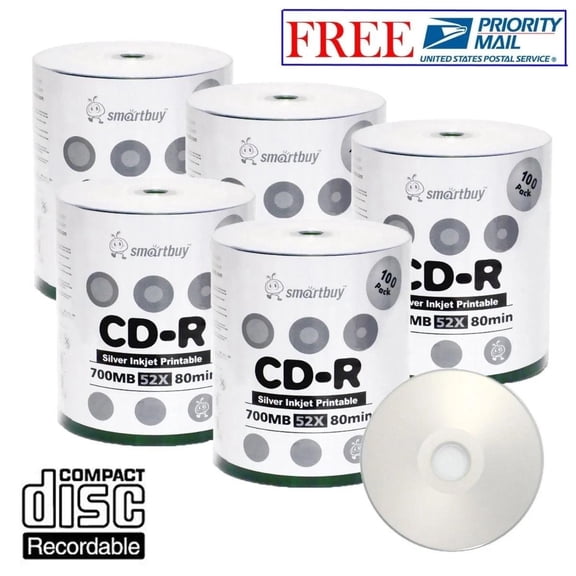 Priority-Mail Shipping 500-Piece Smartbuy 52-Speed 700MB Silver Inkjet Hub-Printable CD-R Recordable Disc